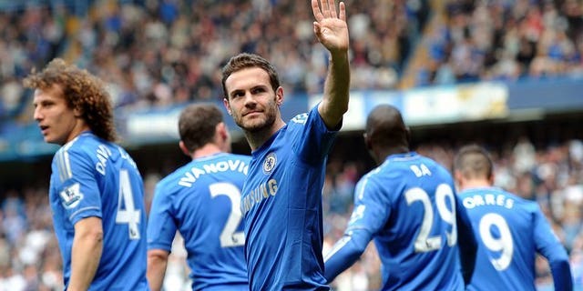 Chelsea's Spanish midfielder Juan Mata celebrates after scoring the opening goal against Everton at Stamford Bridge in London on May 19, 2013. Mata's status at Chelsea appears increasingly fragile after manager Jose Mourinho declared that Brazilian Oscar was now his number one playmaker.