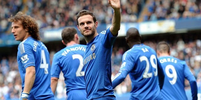 Chelsea's Spanish midfielder Juan Mata celebrates after scoring the opening goal against Everton at Stamford Bridge in London on May 19, 2013. Mata's status at Chelsea appears increasingly fragile after manager Jose Mourinho declared that Brazilian Oscar was now his number one playmaker.
