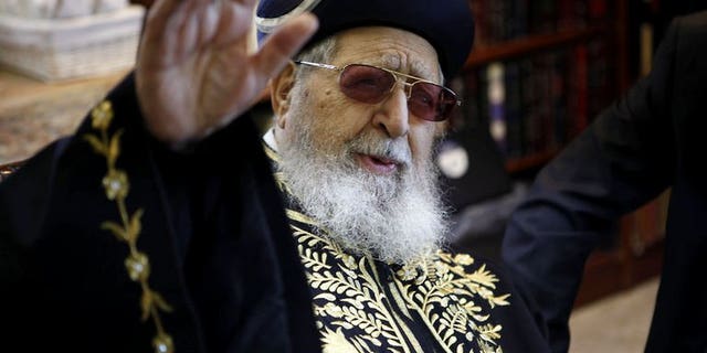A file picture dated December 11, 2011 shows rabbi Ovadia Yosef, the spiritual leader of the Israeli ultra-Orthodox Shas party, during a meeting in Jerusalem.