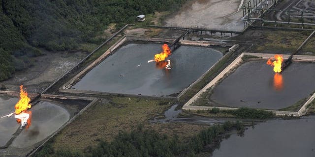 Gas flares at the Shell Cawtharine Channel in the Niger Delta on March 22, 2013.