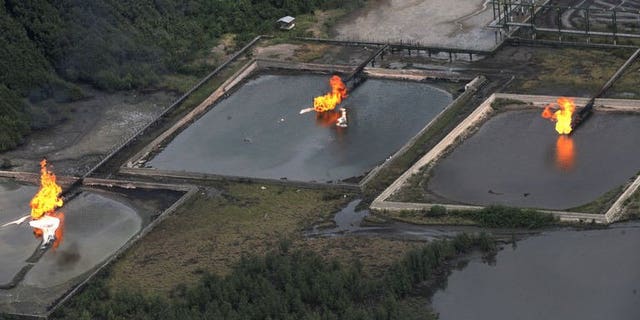 Gas flares at the Shell Cawtharine Channel in the Niger Delta on March 22, 2013.
