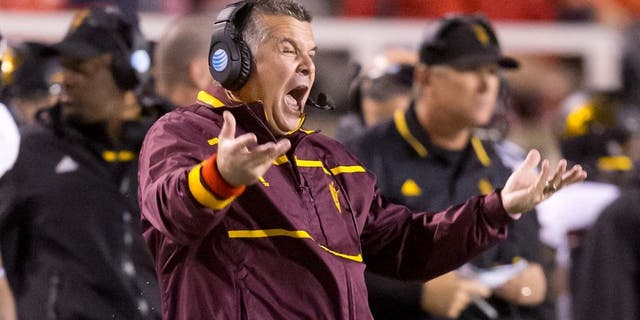 Oct 17, 2015; Salt Lake City, UT, USA; Arizona State Sun Devils head coach Todd Graham reacts during the second half against the Utah Utes at Rice-Eccles Stadium. Utah won 34-18. Mandatory Credit: Russ Isabella-USA TODAY Sports