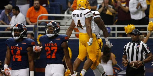 Sep 16, 2016; San Antonio, TX, USA; Arizona State Sun Devils wide receiver N'Keal Harry (right) celebrates with teammates after scoring a touchdown against the UTSA Roadrunners at Alamodome. Mandatory Credit: Soobum Im-USA TODAY Sports
