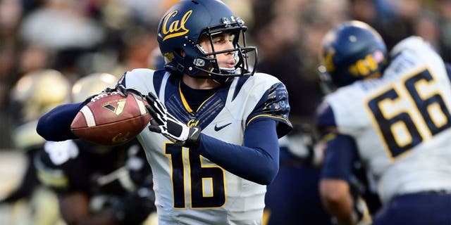 Nov 16, 2013; Boulder, CO, USA; California Golden Bears quarterback Jared Goff (16) prepares to pass in the first quarter against the Colorado Buffaloes at Folsom Field. Mandatory Credit: Ron Chenoy-USA TODAY Sports