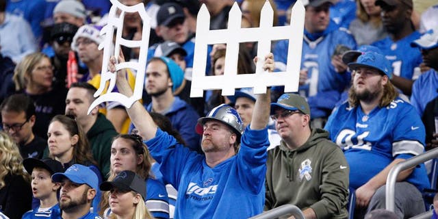 Oct 25, 2015; Detroit, MI, USA; Detroit Lions fan holds up a defense sign during the first quarter against the Minnesota Vikings at Ford Field. Vikings win 28-19. Mandatory Credit: Raj Mehta-USA TODAY Sports