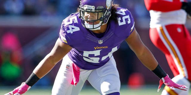 Oct 18, 2015; Minneapolis, MN, USA; Minnesota Vikings linebacker Eric Kendricks (54) celebrates after a sack against the Kansas City Chiefs in the first quarter at TCF Bank Stadium. The Vikings won 16-10. Mandatory Credit: Bruce Kluckhohn-USA TODAY Sports