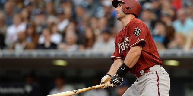 Apr 15, 2015; San Diego, CA, USA; Arizona Diamondbacks first baseman Paul Goldschmidt singles during the third inning against the San Diego Padres at Petco Park. Mandatory Credit: Jake Roth-USA TODAY Sports