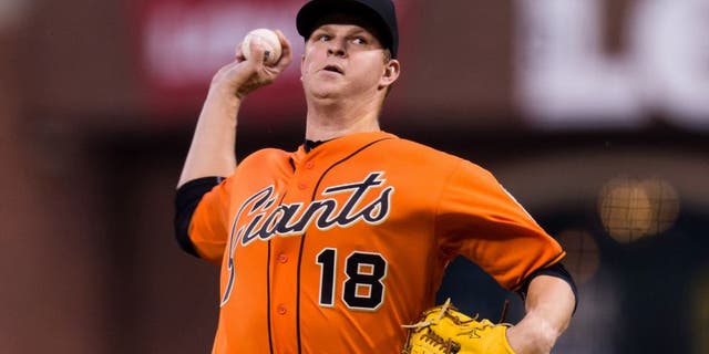 Apr 8, 2016; San Francisco, CA, USA; San Francisco Giants starting pitcher Matt Cain (18) throws against the Los Angeles Dodgers in the first inning at AT&T Park. Mandatory Credit: John Hefti-USA TODAY Sports