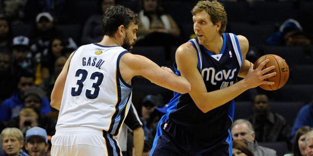 Feb 5, 2014; Memphis, TN, USA; Memphis Grizzlies center Marc Gasol (33) guards Dallas Mavericks power forward Dirk Nowitzki (41) at FedExForum. Mandatory Credit: Justin Ford-USA TODAY Sports