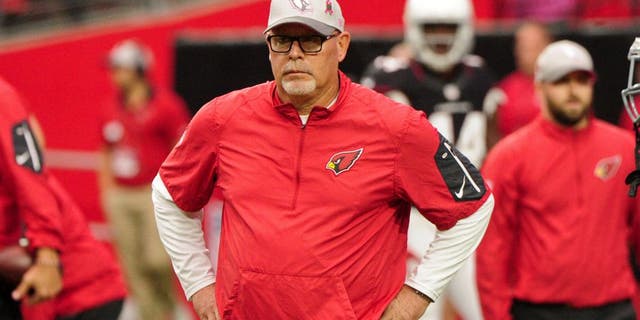 Oct 4, 2015; Glendale, AZ, USA; Arizona Cardinals head coach Bruce Arians looks on prior to the game against the St. Louis Rams at University of Phoenix Stadium. Mandatory Credit: Matt Kartozian-USA TODAY Sports