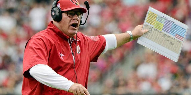 Oct 6, 2013; Phoenix, AZ, USA; Arizona Cardinals head coach Bruce Arians reacts during the first half against the Carolina Panthers at University of Phoenix Stadium. Mandatory Credit: Matt Kartozian-USA TODAY Sports