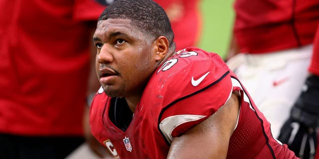 Sep 13, 2015; Glendale, AZ, USA; Arizona Cardinals defensive end Calais Campbell against the New Orleans Saints at University of Phoenix Stadium. The Cardinals defeated the Saints 31-19. Mandatory Credit: Mark J. Rebilas-USA TODAY Sports