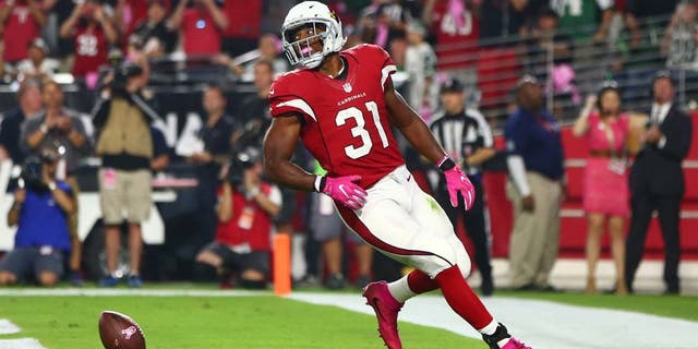 Oct 17, 2016; Glendale, AZ, USA; Arizona Cardinals running back David Johnson (31) celebrates after scoring a second quarter touchdown against the New York Jets at University of Phoenix Stadium. Mandatory Credit: Mark J. Rebilas-USA TODAY Sports
