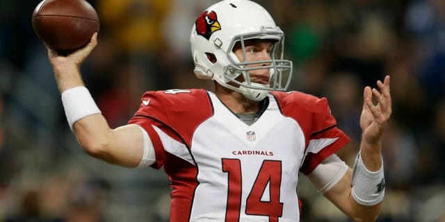 Arizona Cardinals quarterback Ryan Lindley (14) throws during the second half of an NFL football game against the St. Louis Rams Thursday, Dec. 11, 2014 in St. Louis. (AP Photo/Jeff Roberson)