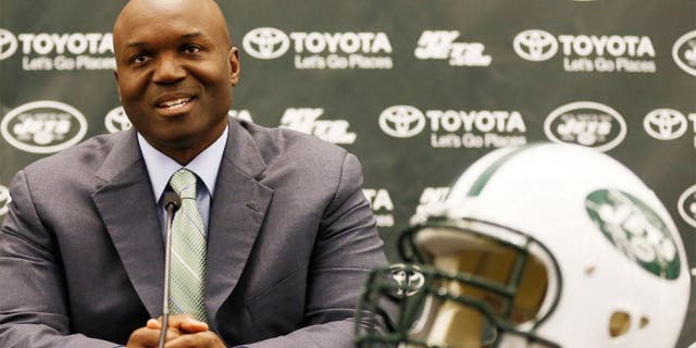 Jan 21, 2015; Florham Park, NJ, USA; New York Jets new head coach Todd Bowles speaks during a press conference at Atlantic Health Jets Training Center. Mandatory Credit: William Perlman/NJ Advance Media for NJ.com via USA TODAY Sports
