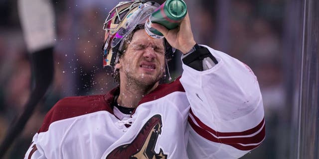Feb 8, 2014; Dallas, TX, USA; Phoenix Coyotes goalie Mike Smith (41) waits for play to resume against the Dallas Stars during the third period at the American Airlines Center. The Stars defeated the Coyotes 2-1. Mandatory Credit: Jerome Miron-USA TODAY Sports