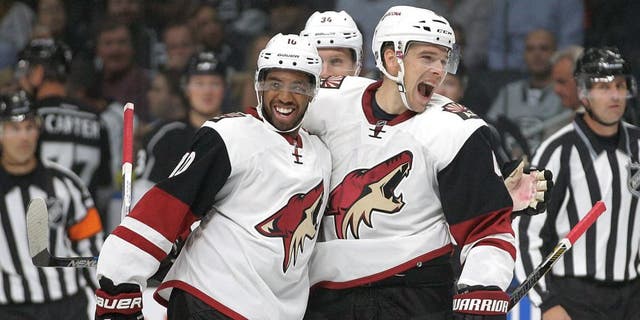 Arizona Coyotes' Zbynek Michalek, right, of the Czech Republic, celebrates his goal with teammate Anthony Duclair during the first period of an NHL hockey game against the Los Angeles Kings, Friday, Oct. 9, 2015, in Los Angeles. (AP Photo/Jae C. Hong)