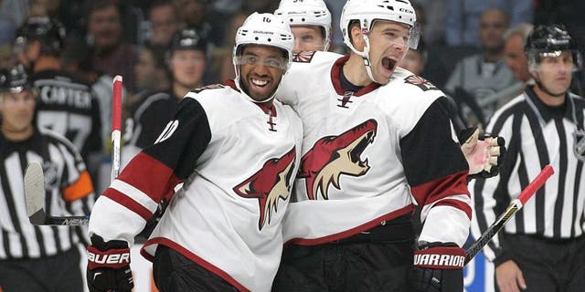 Arizona Coyotes' Zbynek Michalek, right, of the Czech Republic, celebrates his goal with teammate Anthony Duclair during the first period of an NHL hockey game against the Los Angeles Kings, Friday, Oct. 9, 2015, in Los Angeles. (AP Photo/Jae C. Hong)
