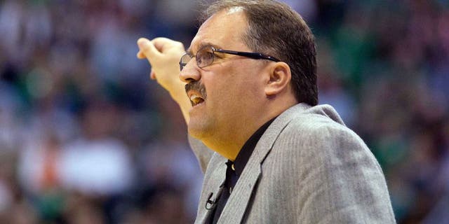 April 21, 2012; Salt Lake City, UT, USA; Orlando Magic head coach Stan Van Gundy during the first quarter against the Utah Jazz at Energy Solutions Arena. Mandatory Credit: Russ Isabella-USA TODAY Sports