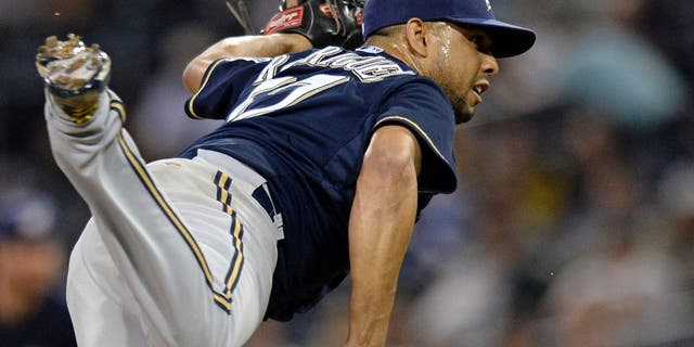 Sep 29, 2015; San Diego, CA, USA; Milwaukee Brewers relief pitcher Francisco Rodriguez (57) pitches during the ninth inning against the San Diego Padres at Petco Park. Mandatory Credit: Jake Roth-USA TODAY Sports