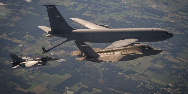 A 33rd Fighter Wing F-35A Lightning II escorts a 126th Air Refueling Wing KC-135 Stratotanker and a 176th Fighter Squadron F-16C Fighting Falcon. (USAF Staff Sgt. DeAndre Curtiss)