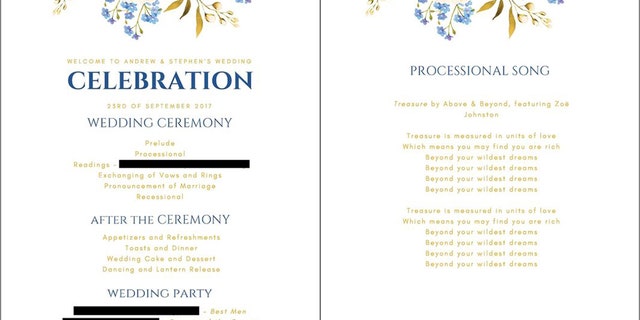 A design of the couple's intended wedding programs.