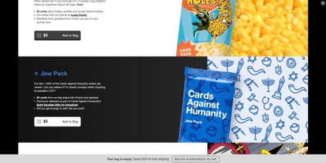 “Fun fact: 100% of the Cards Against Humanity writers are Jewish. Can you believe it? A Jewish comedy writer! Anything is possible in 2017," a description next to the "Jew Pack" expansion of the game reads.