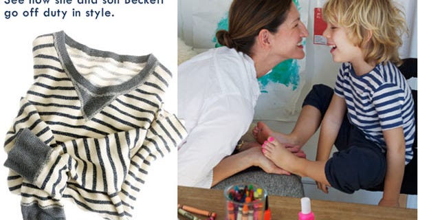Jenna Lyons holds son Beckett's pedicured foot in as text below the image reads, "Lucky for me I ended up with a boy whose favorite color is pink. Toenail painting is way more fun in neon."