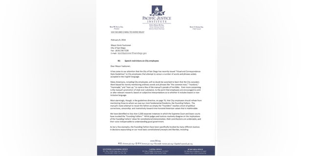 Legal watchdog group the Pacific Justice Institute sent this letter to the Mayor's office in San Diego, urging them to reverse the mandate.