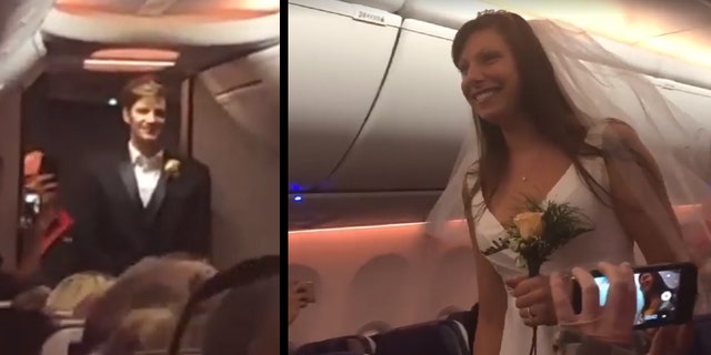 In a video shot by a fellow passenger, the couple is seen standing at opposite ends of the aisle as music starts playing.