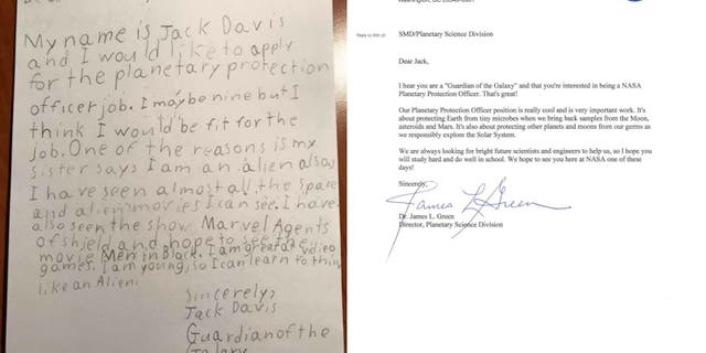 Letter from 9-year-old Jack and the response from NASA for the alien-fighting position.