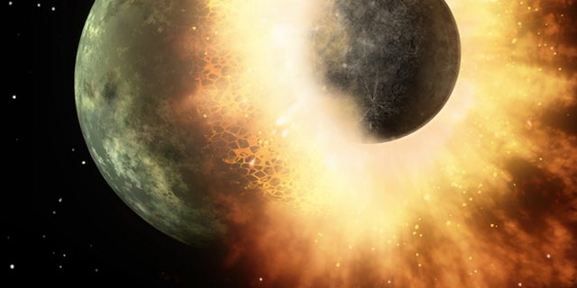 An artist's image of a collision between two planetary bodies. A similar crash likely formed the Earth and moon. New research suggests that the Earth took water and other volatiles from the moon after the collision.