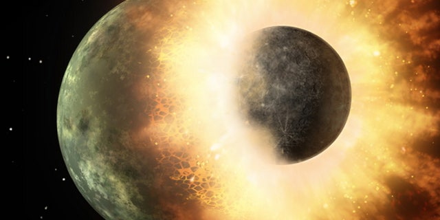 An artist's image of a collision between two planetary bodies. A similar crash likely formed the Earth and moon. New research suggests that the Earth took water and other volatiles from the moon after the collision.