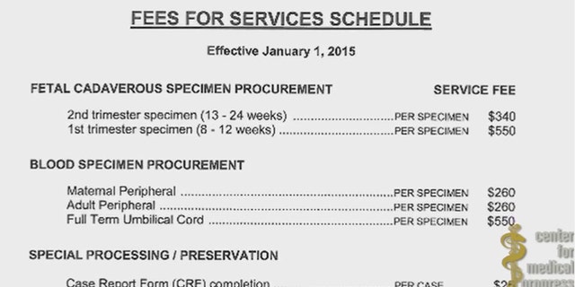 In the latest video, the undercover team cites this fee schedule, which it says contains prices a lab will pay for fetal tissue and organs. (Screengrab, Center for Medical Progress)