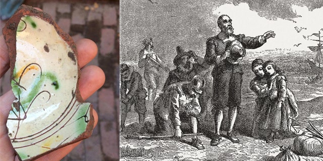 The fragment of the 17th century Italian plate discovered near the Paul Revere House in Boston (City of Boston Archaeology Program) and an illustration of Pilgrim Fathers' embarkation (iStock/ZU_09)