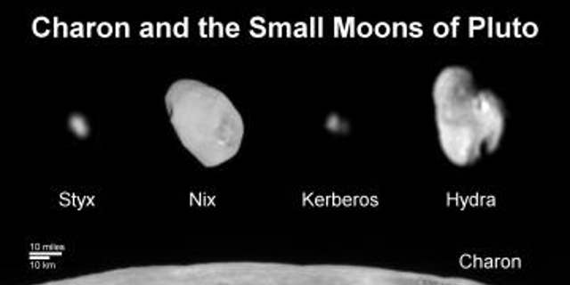 This composite image shows a sliver of Pluto’s large moon, Charon, and all four of Pluto’s small moons, as resolved by the Long Range Reconnaissance Imager (LORRI) on the New Horizons spacecraft.