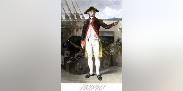 John Paul Jones during the American Revolution. Hand-colored engraving of a portrait.
