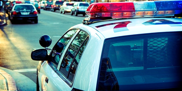 A police car parked in the city.