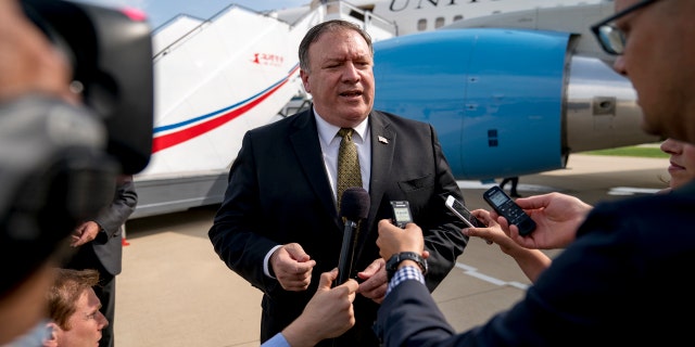 U.S. Secretary of State Mike Pompeo speaks to members of the media following two days of meetings with Kim Yong Chol, a North Korean senior ruling party official and former intelligence chief, before boarding his plane in Pyongyang, North Korea, Saturday, July 7, 2018, to Japan.