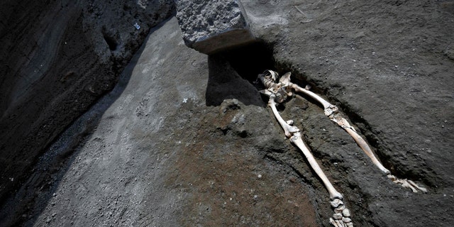 The legs of a skeleton emerge from the ground beneath a large rock believed to have crushed the victim's bust during the eruption of Mt. Vesuvius in A.D. 79, which destroyed the ancient town of Pompeii, at Pompeii's archeological site, near Naples, on Tuesday, May 29, 2018. (Ciro Fusco/ANSA via AP)