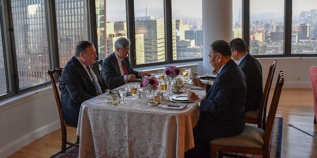 Secretary of State Mike Pompeo has dinner in New York City with North Korean former military intelligence officer Kim Yong Chol.