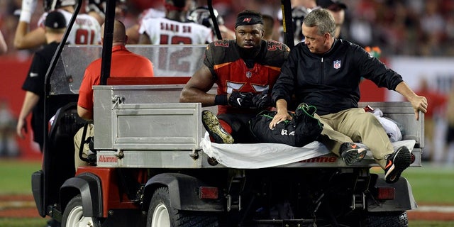 Tampa Bay Buccaneers linebacker Adarius Glanton was carted off the field Monday after getting hurt during the second half of an NFL football game.