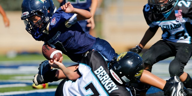 A La Costa Canyon Mighty Mavericks player scores a touchdown during their Pop Warner football game against the Valley Center Mighty Jaguars in Carlsbad, California September 15, 2012.