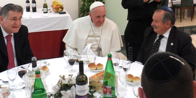 Pope Francis, center, and Rabbi Abraham Skorka, left, have lunch at the Vatican.