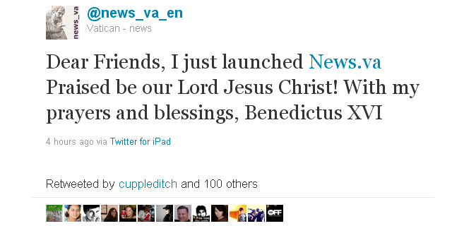 Pope Benedict XVI sent out his first tweet on Tuesday.