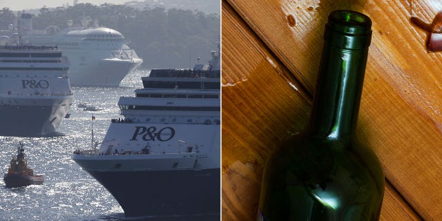 A 37-year-old woman aboard the Pacific Explorer allegedly smacked a 21-year-old man over the head with an empty wine bottle during a fight on Saturday night.