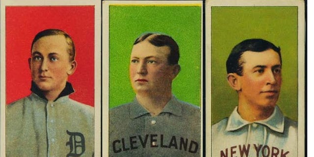 Among the early 20th Century baseball cards sold in the first phase of the "Portland trove" auction were these Hall of Famers, from left: Ty Cobb, Cy Young and Willie Keeler. (Saco River Auctions)