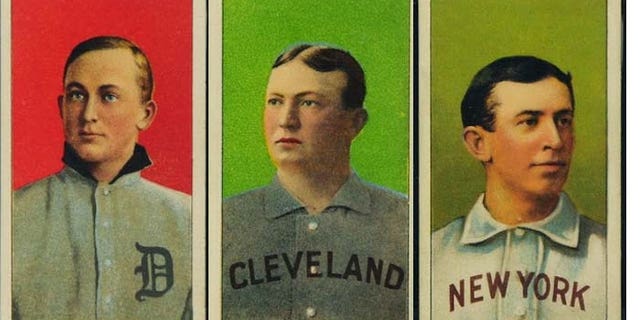Among the early 20th Century baseball cards sold in the first phase of the "Portland trove" auction were these Hall of Famers, from left: Ty Cobb, Cy Young and Willie Keeler. (Saco River Auctions)