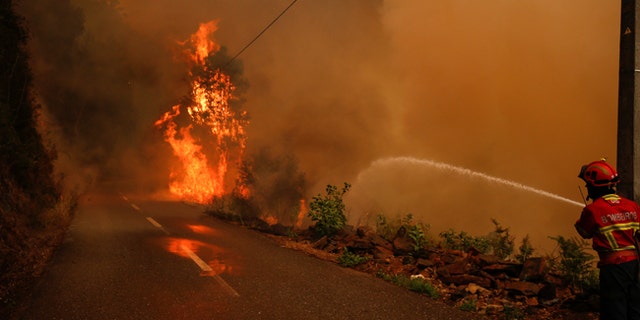 A firefighter works to put out a forest fire in the village of Sandinha, near Gois, Portugal, June 20, 2017. REUTERS/Rafael Marchante - RTS17W8X