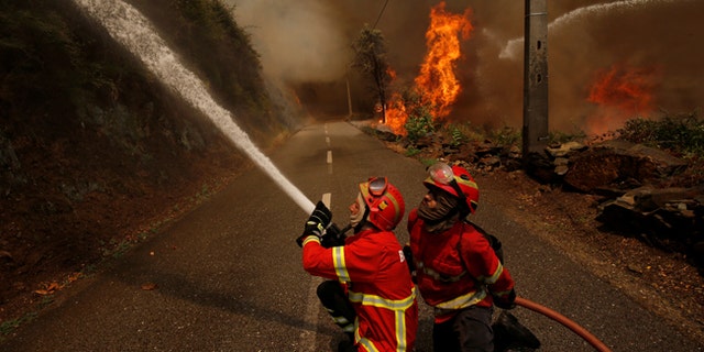 Firefighters work to put out a forest fire in the village of Sandinha, near Gois, Portugal, June 20, 2017. REUTERS/Rafael Marchante - RTS17VXR